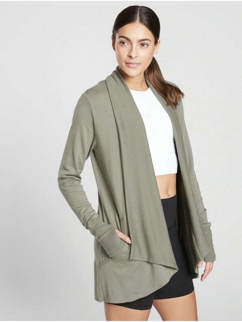 Athleta Pranayama Wrap Cardigan XL Sage Green Open Front Yoga Travel Athleisure
